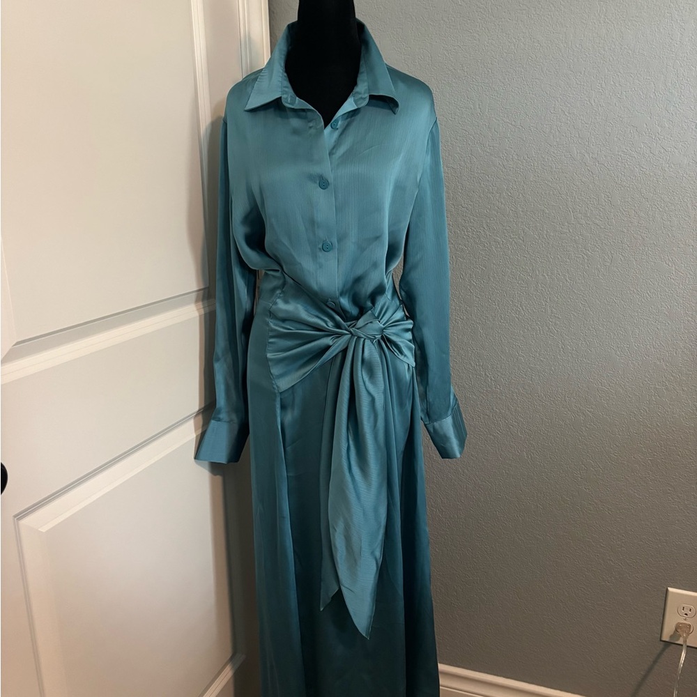 Blue Long Sleeve Cuffed Shirt Dress